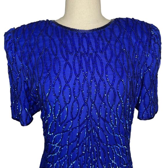 Laurence Kazar Silk Sequin Beaded Mini Dress Vintage 1980s Cobalt Blue M GUC - Picture 2 of 13